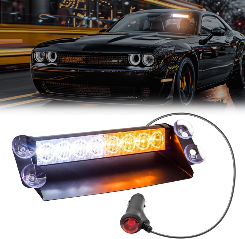 NWpangu LED Emergency Strobe Light for Windshield, 12V Flash Warning Light w/Suction Cups for Construction Vehicles Trucks Traffic Safety Police, Amber&White. - Image 1